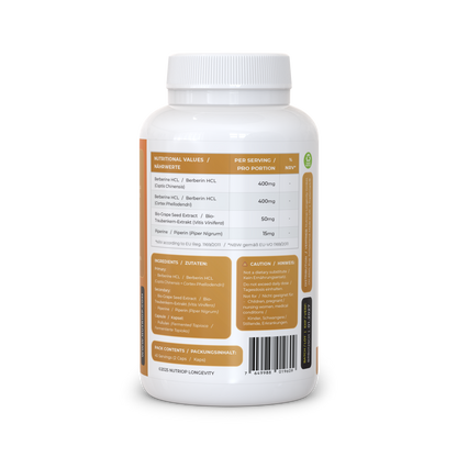 Nutriop Longevity® Bio-Enhanced Berberine HCL with Pure Organic Piperine and Grape Seed Extract - 865mg per serving (x45)-2